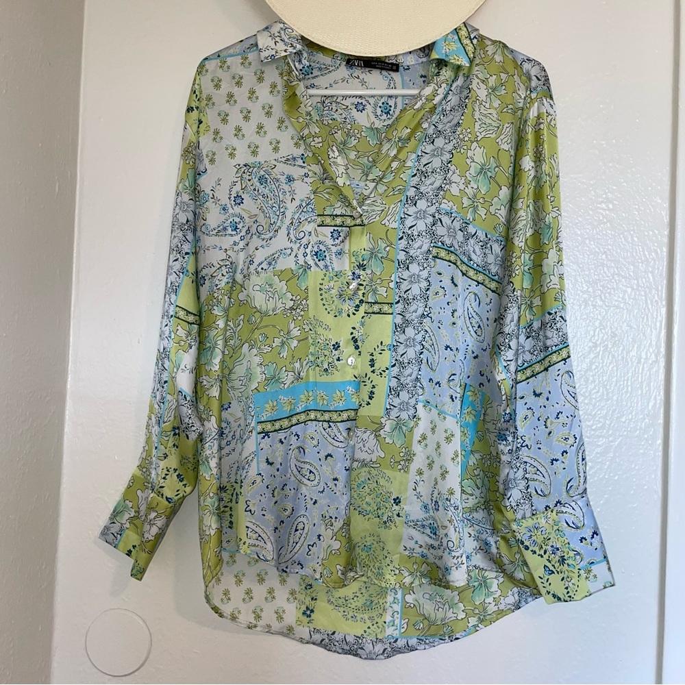 Zara satin paisley button up shirt